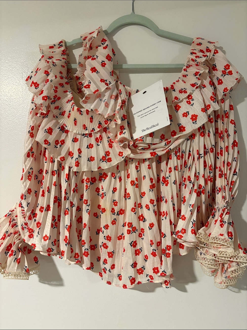 Self-Portrait Cream Blouse with Red Floral Print and Ruffle Detail -NWT-6